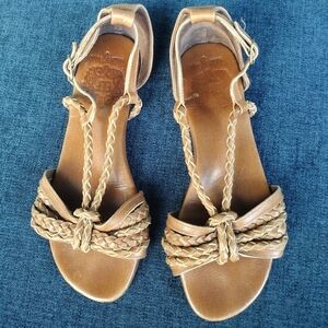 ELF Braided Leather Slides Sandals 8 Brown Leather Handmade Flat Straps